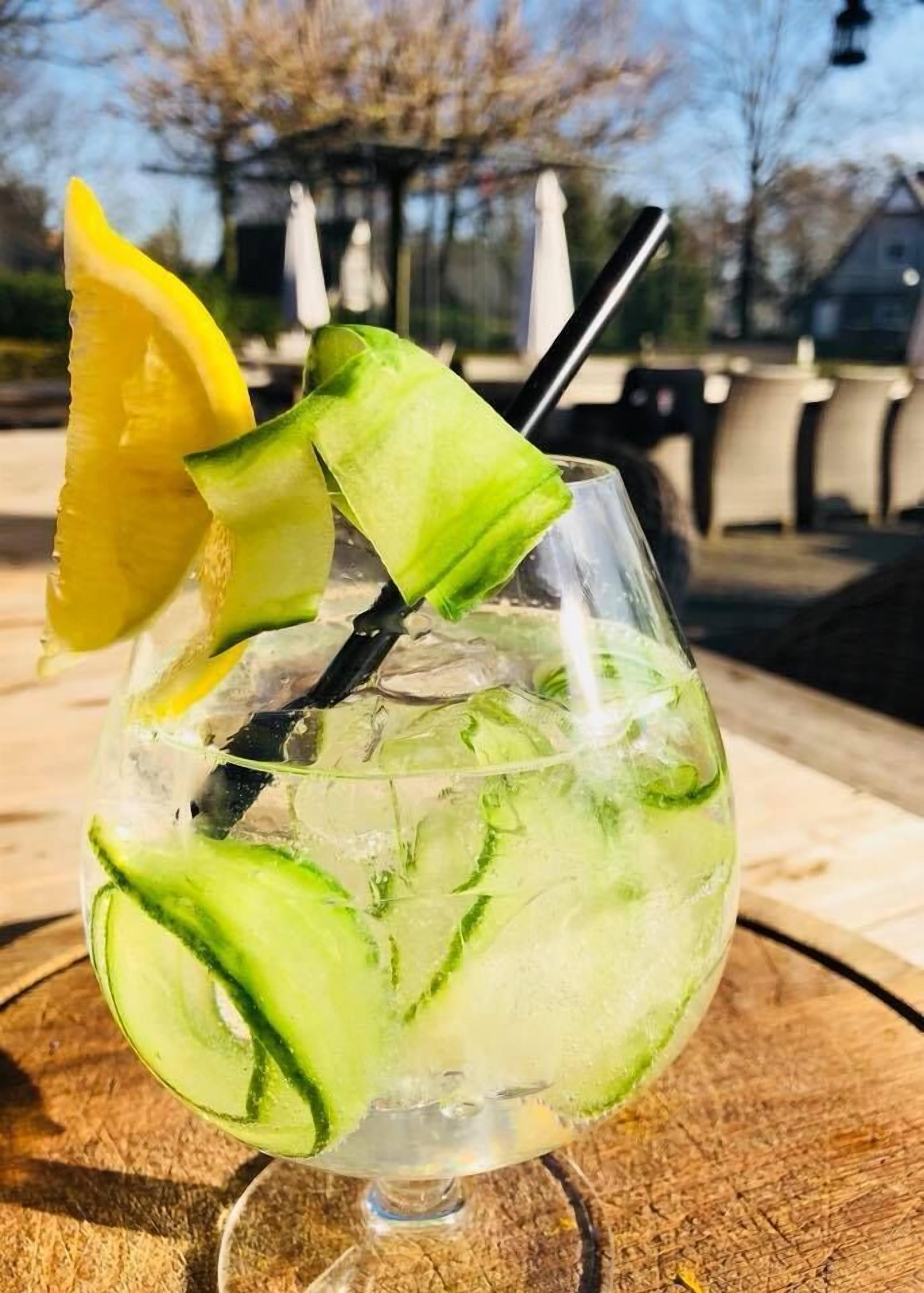 A cocktail with lime and lemon slices, served in a clear glass with ice.