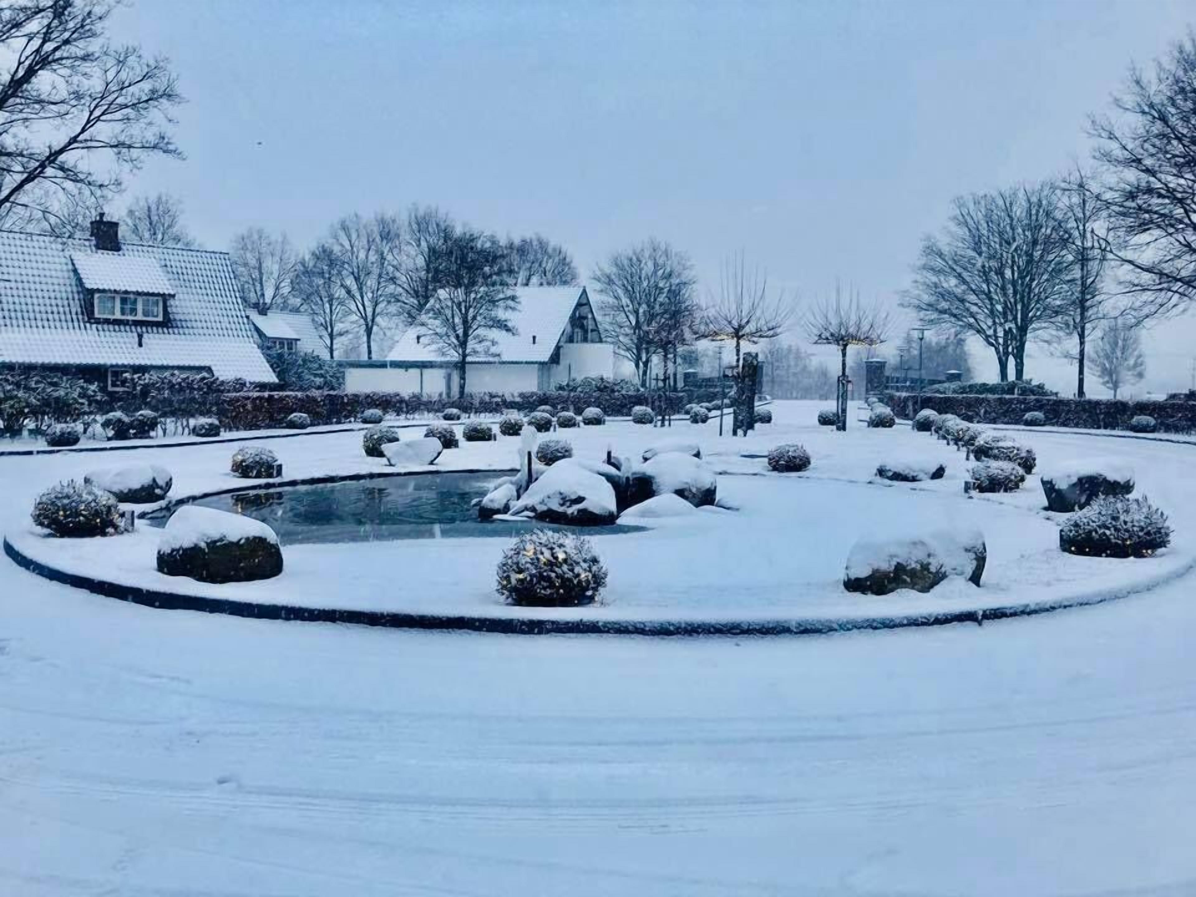 A snow-covered garden with a central pond, surrounded by rocks and bushes, and buildings in the background.