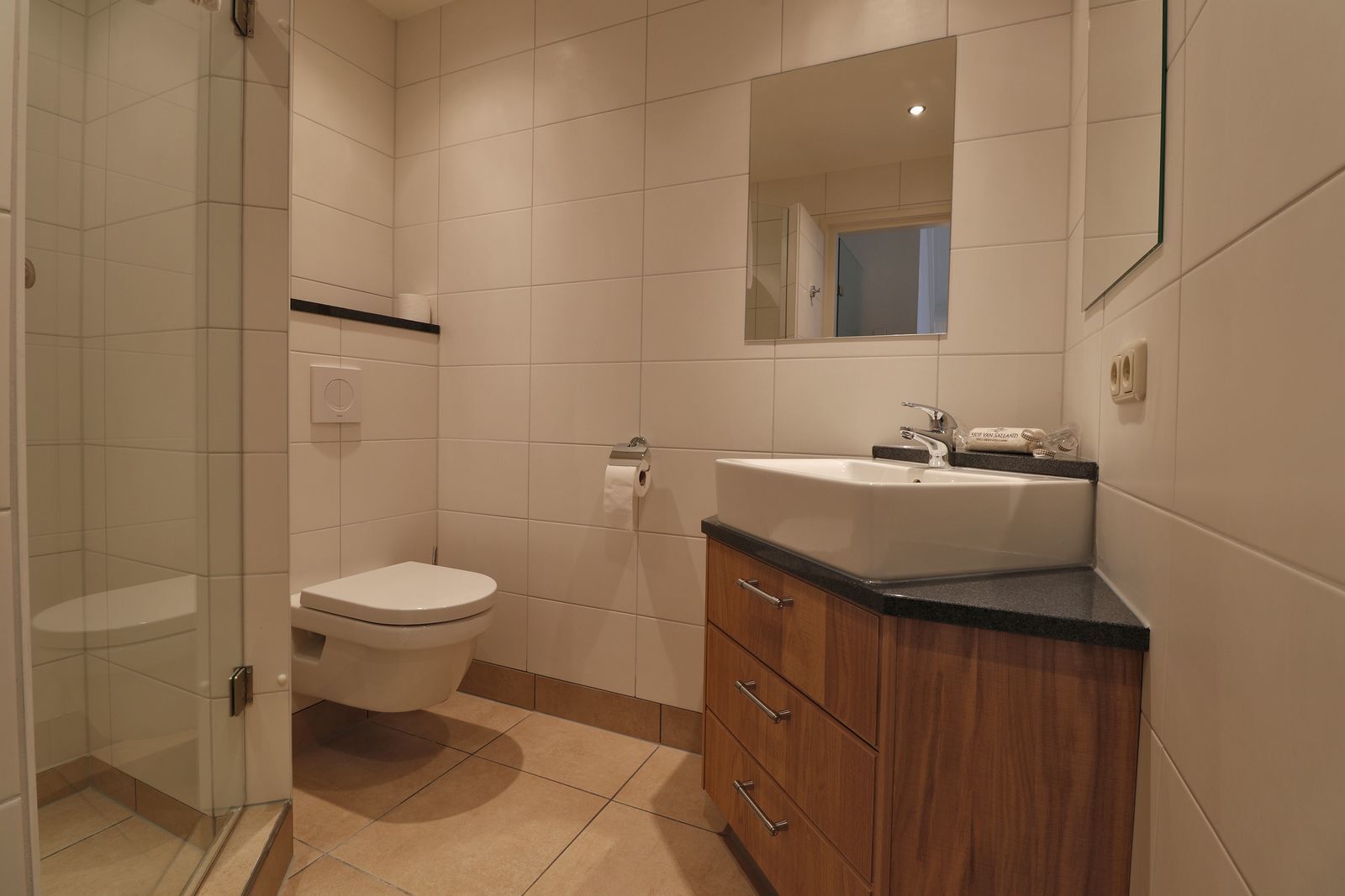 Un baño con inodoro, lavabo y espejo.