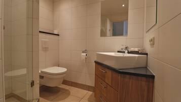 Un baño con inodoro, lavabo y espejo.