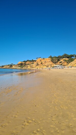 A beach with clear blue water, sandy shore, and a building with a white facade.