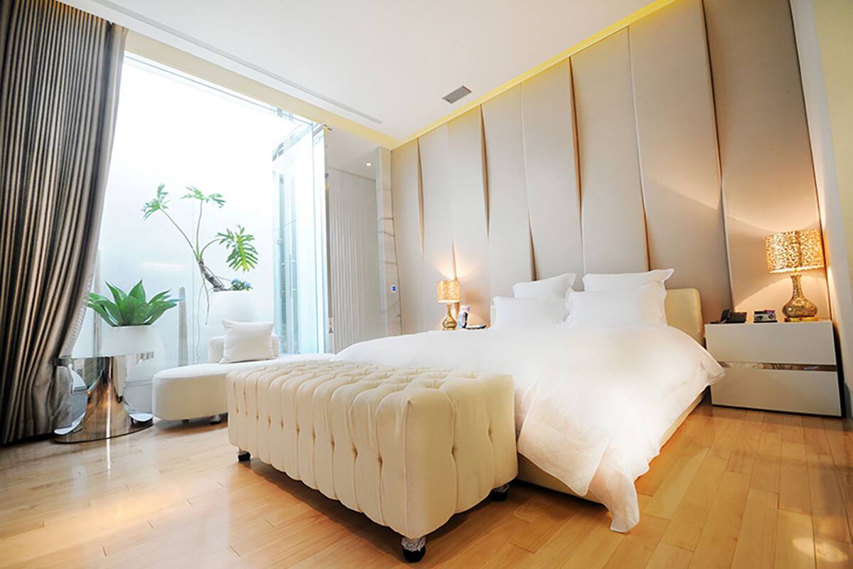 A modern hotel room with a large bed, a bedside table, a lamp, and a potted plant.