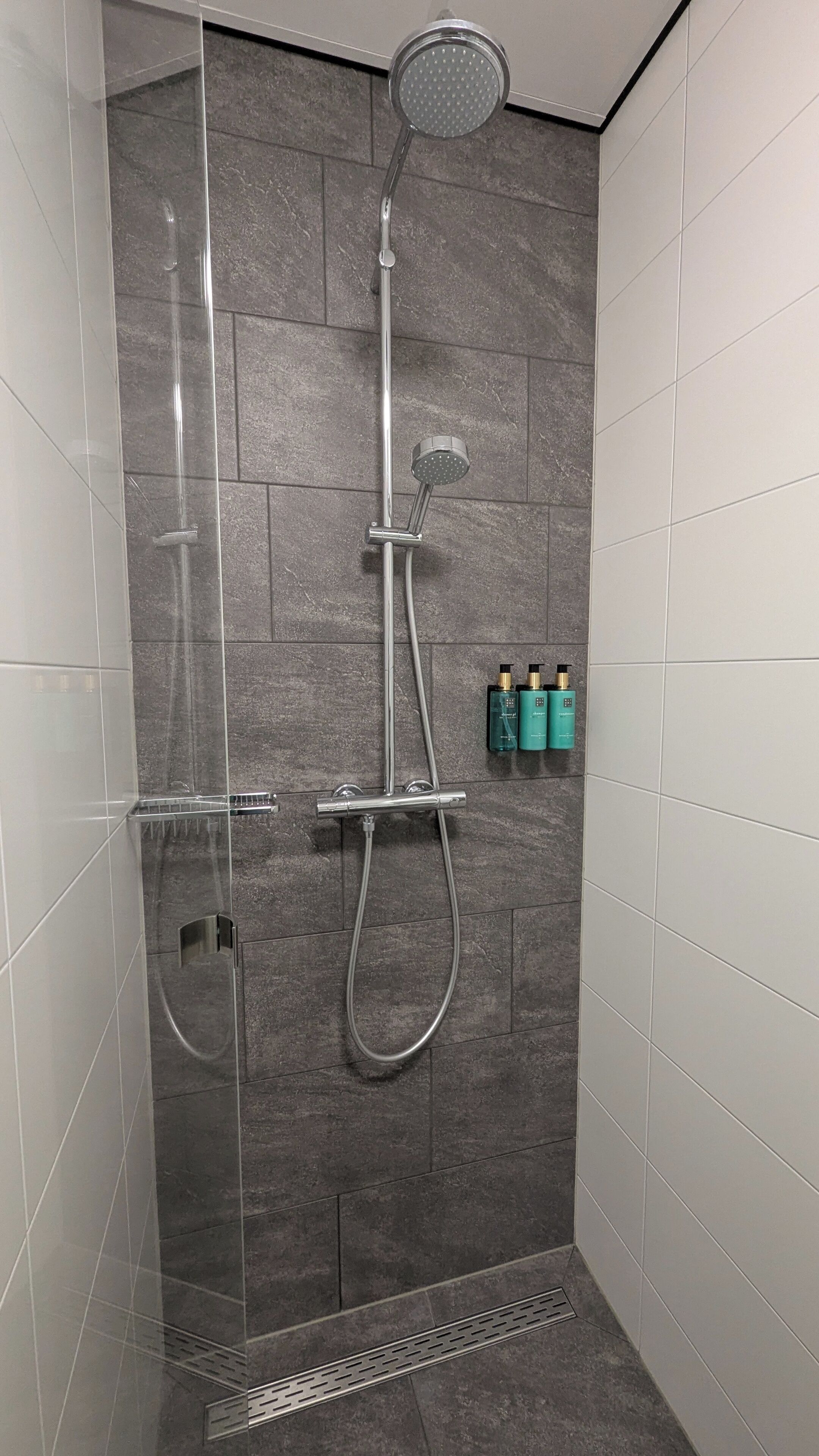 Une douche équipée d’un pommeau de douche à main et d’un pommeau de douche fixé au mur, ainsi que d’un panneau de commande.