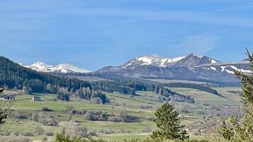 A mountainous landscape with snow-capped peaks, green valleys, and scattered trees.