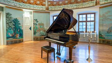 A grand piano in a spacious room with ornate wall murals and large windows.