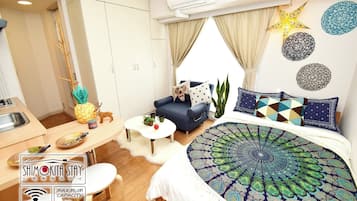 1 bedroom, desk, iron/ironing board, bed sheets