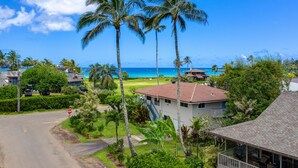 A residential area with a house featuring a red roof, surrounded by lush greenery and palm trees, overlooking a beach with clear blue water. - Hale Naninoa 5 Bedroom Home by RedAwning (Hanalei)