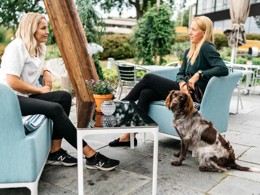 Two people sitting on light blue chairs at an outdoor cafe with a dog.