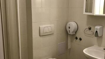 A bathroom with a toilet, sink, and shower.