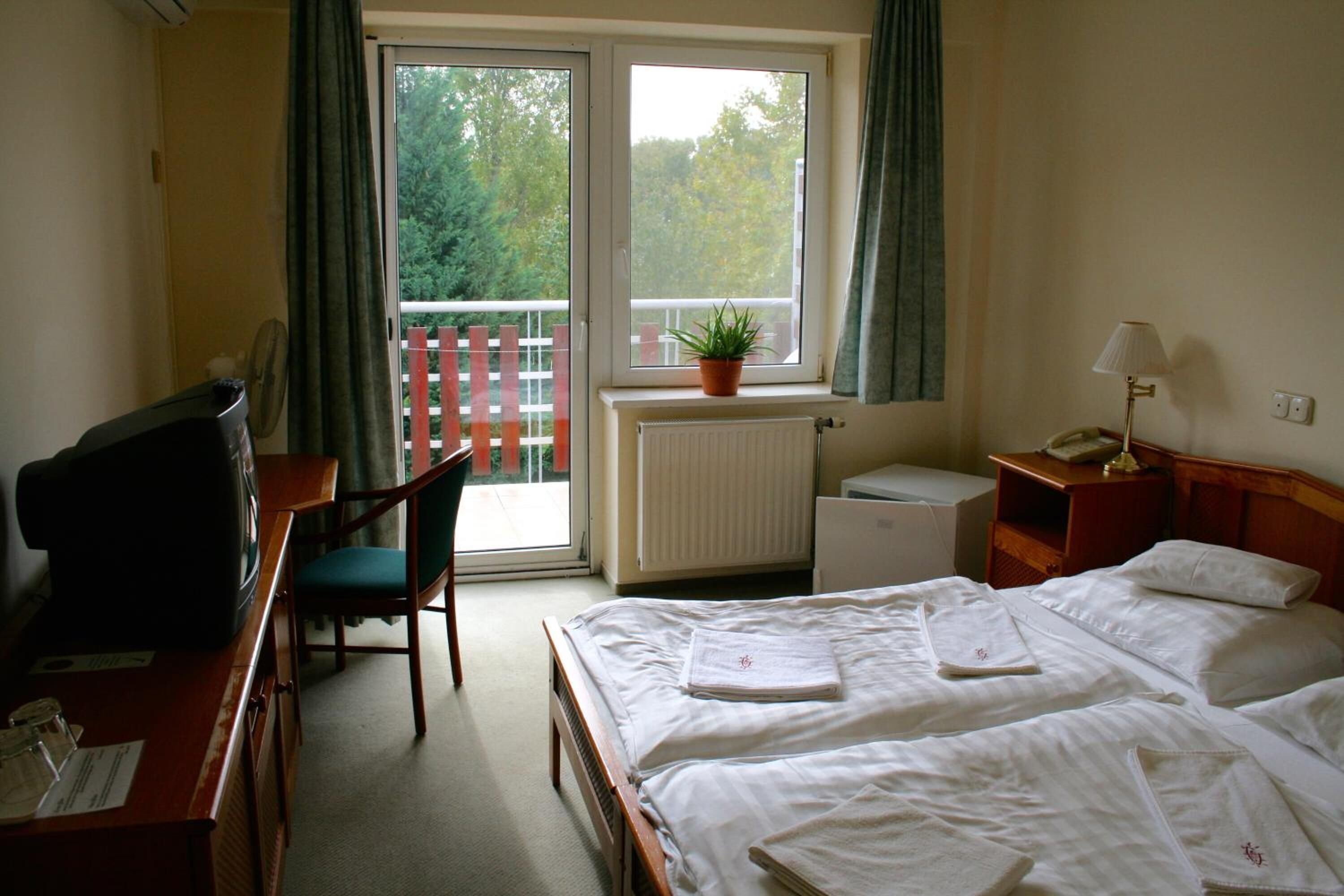 A hotel room with a bed, a desk with a television, a chair, a small table with a lamp, and a window with a view of trees.