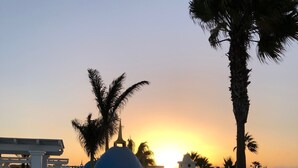 Terraza en la azotea con zona de estar blanca, palmeras y vistas al atardecer.