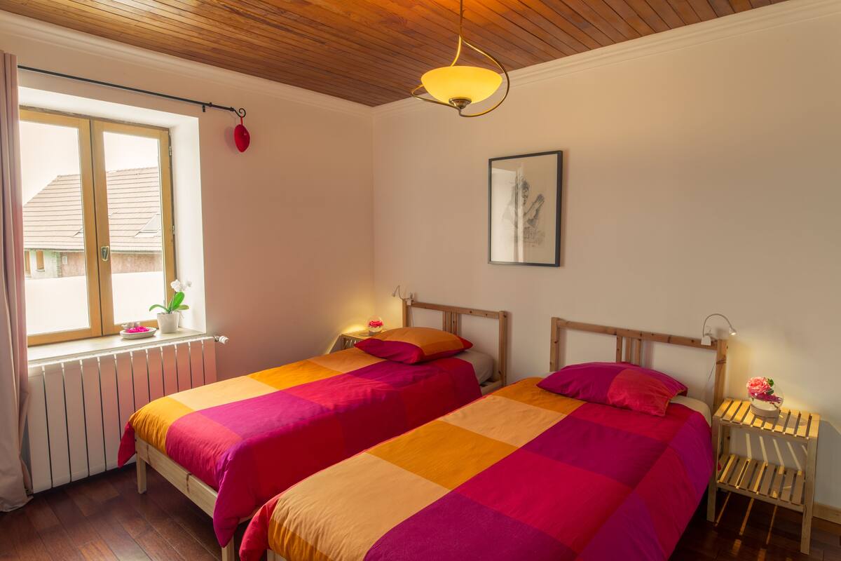 Une chambre avec deux lits, une fenêtre avec des rideaux, un radiateur et un plafond en bois.