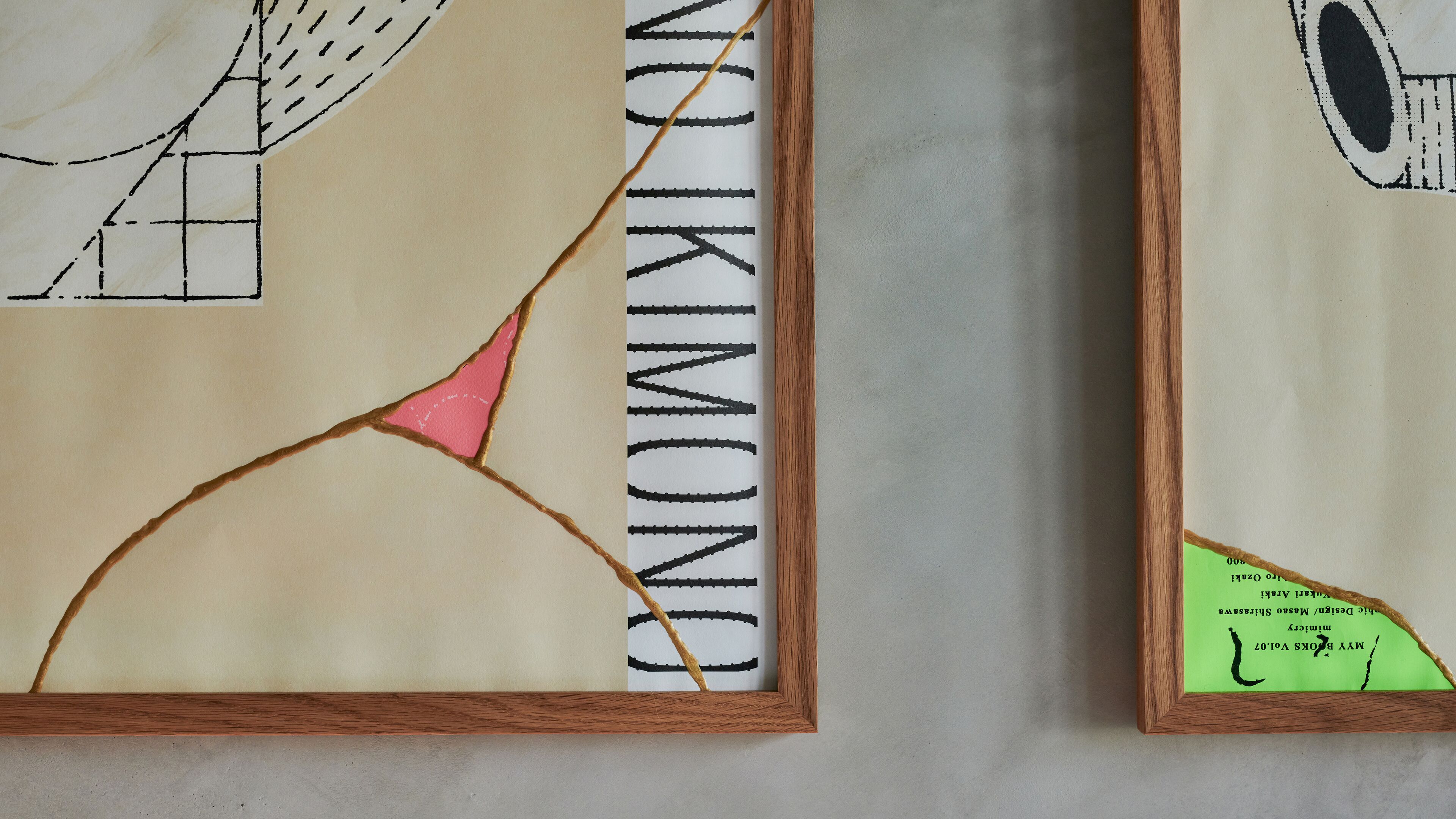 Two framed artworks with text and abstract designs.