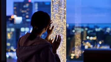 A person standing by a window with a view of a cityscape at night.