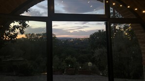 Vista a través de un amplio ventanal de arco adornado con luces colgantes, mostrando un paisaje con árboles y edificios lejanos.