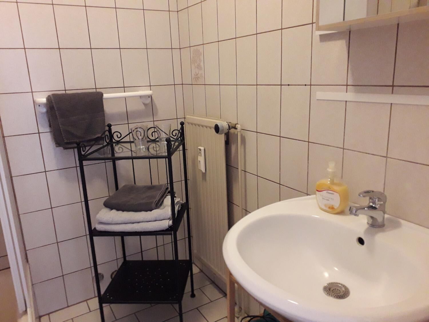 Et badeværelse med en hvid vask, en håndklædestang med to håndklæder og en sæbe.