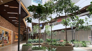A spacious indoor atrium with multiple levels, featuring a central garden area with various plants and trees, surrounded by modern architecture and a large mural on the left wall.