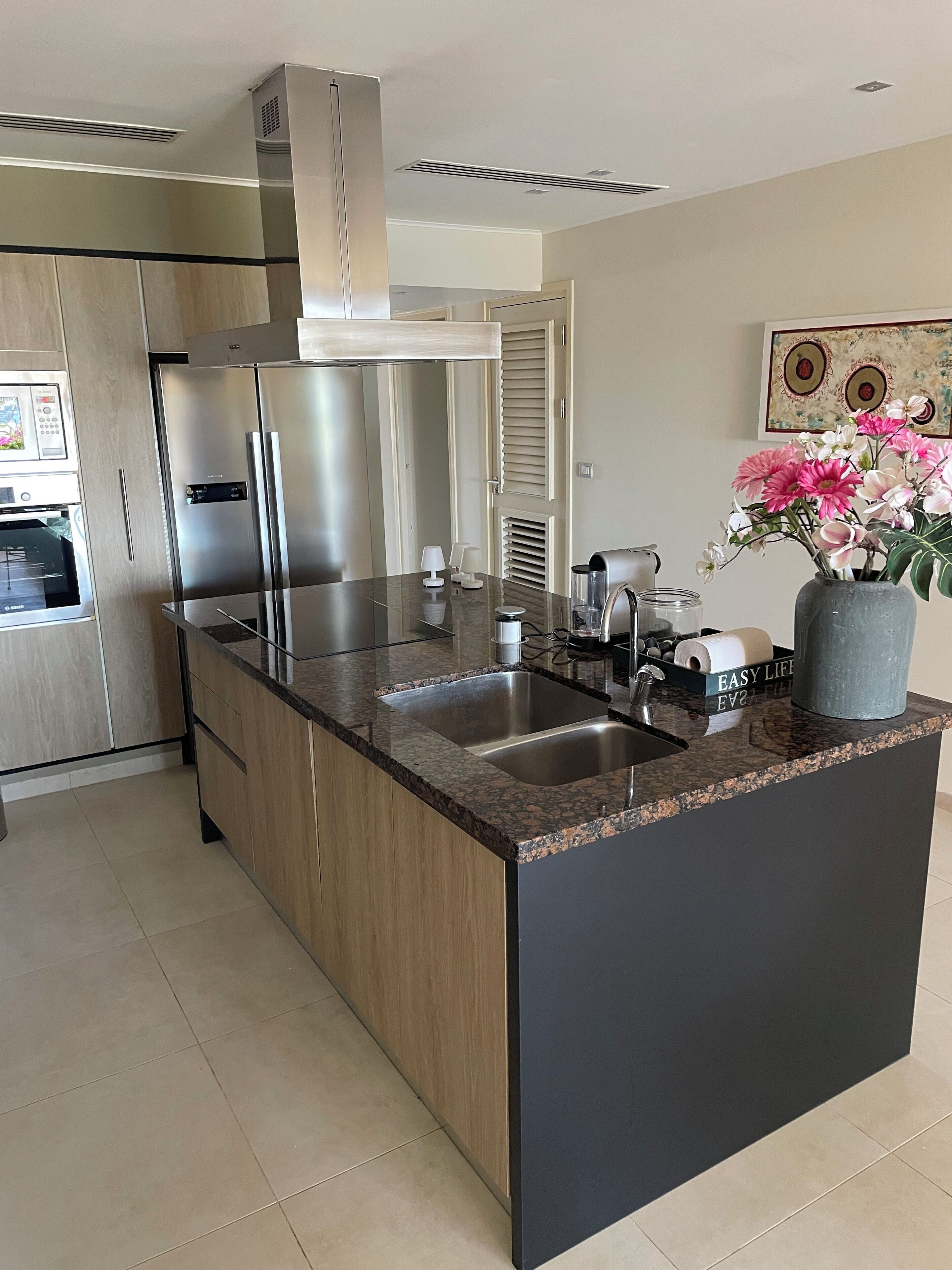 A modern kitchen with a stainless steel refrigerator, double sink, and a granite countertop.