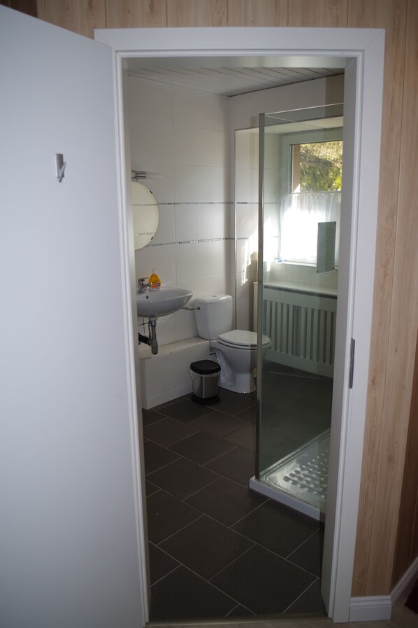 Un baño con inodoro, lavabo y zona de ducha.