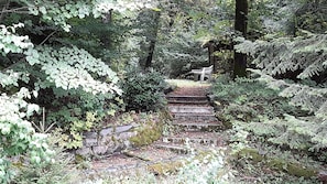 A stone staircase surrounded by dense foliage, leading to a small wooden structure with a bench. - Haus Barnabas im Engel - Gasthaus Engel (Utzenfeld)