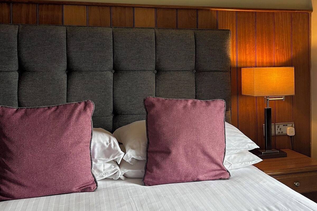 A hotel room with a large bed, a wooden headboard, a nightstand with a lamp, and a wall socket.