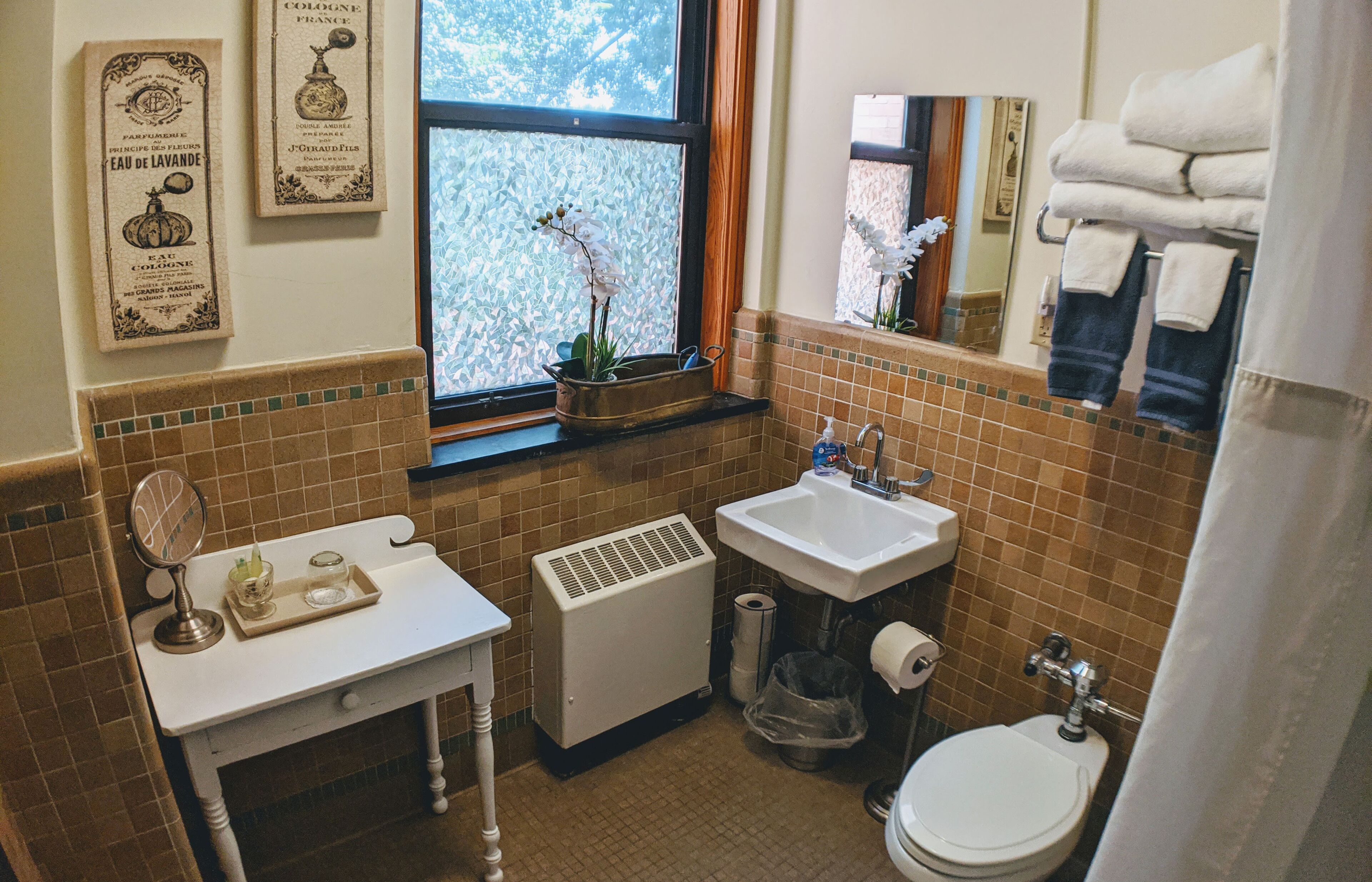 A bathroom with a white sink, a toilet, a mirror, and a window with a view of trees.