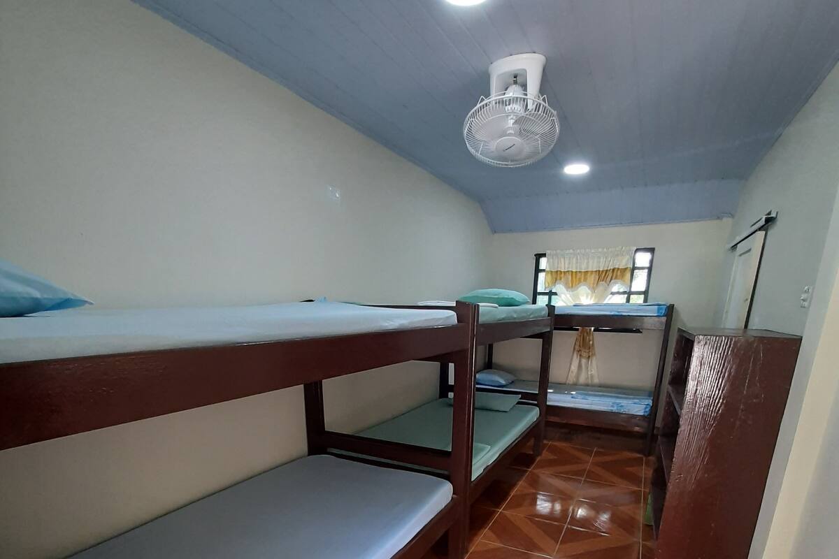Une chambre de dortoir avec des lits superposés, un ventilateur de plafond et une fenêtre avec des rideaux.