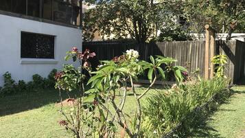 Un jardín residencial con una casa blanca, una valla de madera y diversas plantas.