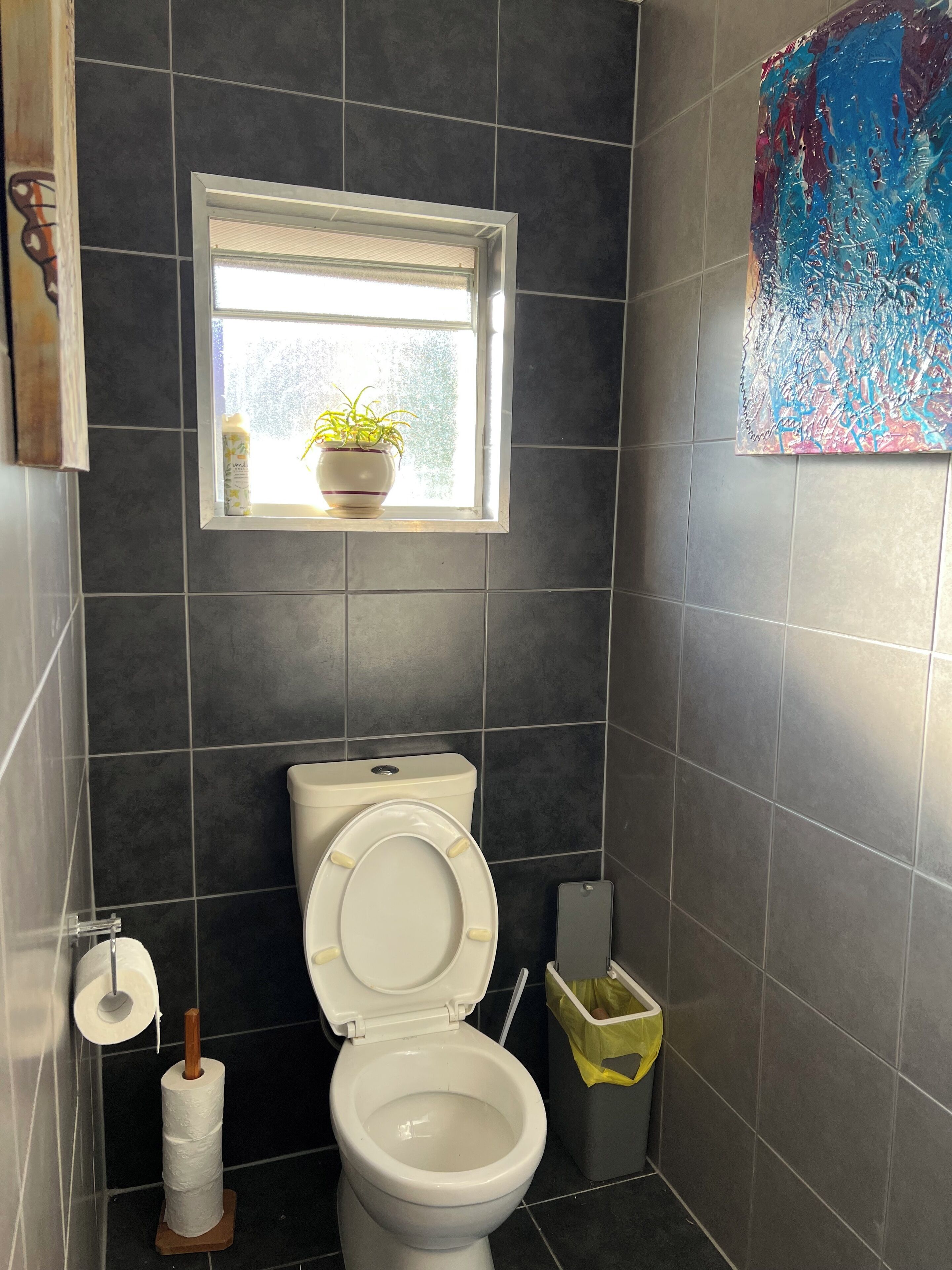 Et badeværelse med mørke fliser, et toilet, et vindue med en plante og en skraldespand.