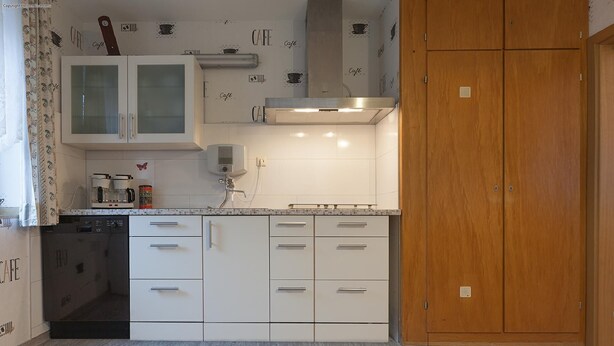 A compact kitchen with white cabinets, a built-in dishwasher, and a wooden door. - Pension Doemens (Aachen)