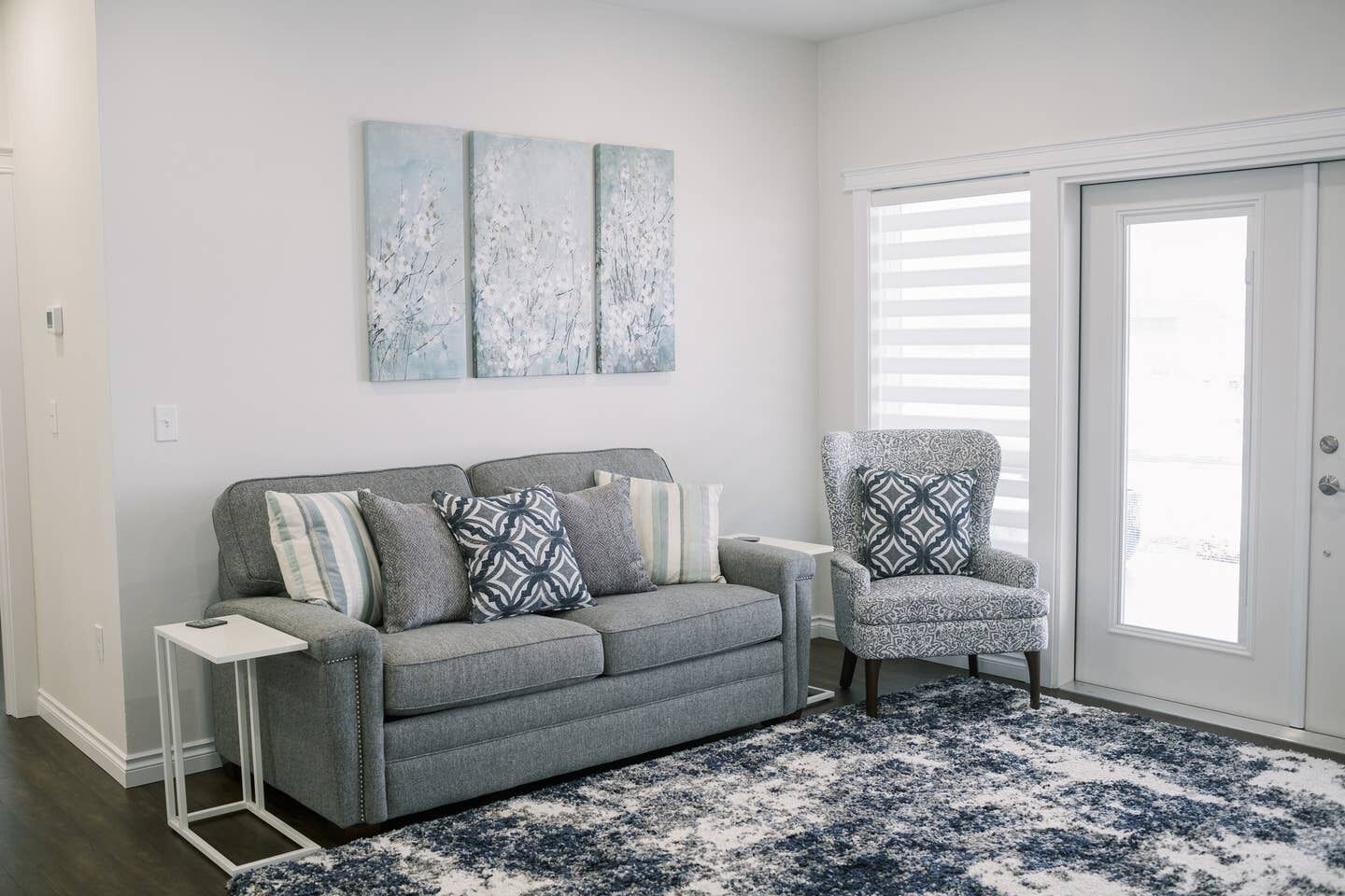 Un salon avec un canapé gris, des fauteuils à motifs, un tapis bleu et blanc et une porte équipée de stores.