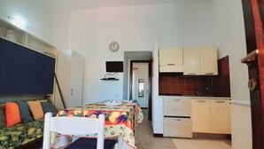 Ein kleines Zimmer mit einem Bett, einer kleinen Küchenzeile und einem an der Wand befestigten Fernseher.