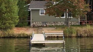 A house by a lake with a dock extending into the water.
