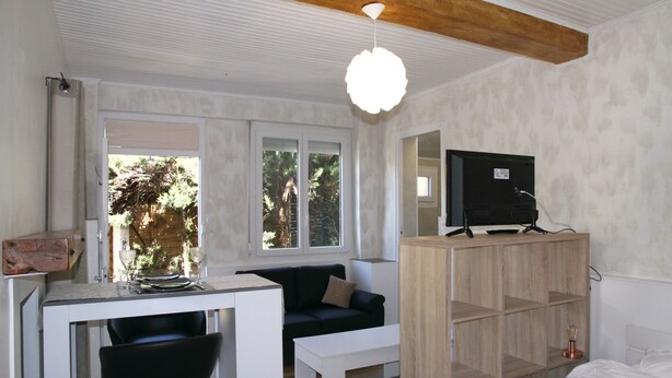 A modern room with a dining area, a sofa, a TV on a wooden cabinet, and a large window with a view of trees. - Independent studio in a quiet building with small patio (Vernet-les-Bains)