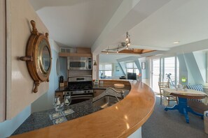 Fridge, microwave, dishwasher, coffee/tea maker