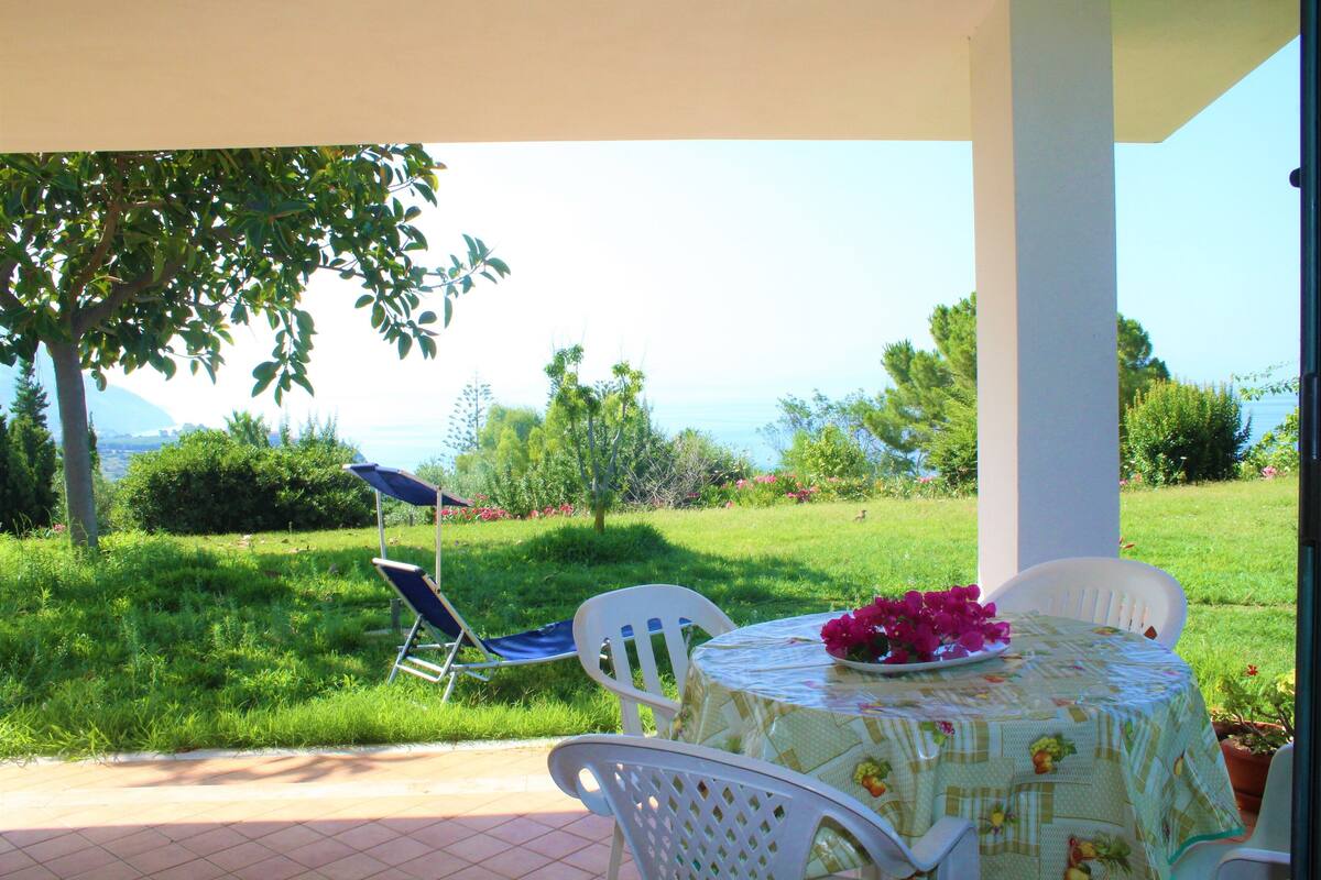 Um pátio com mesa e cadeiras, um vaso de planta e vista para o mar.
