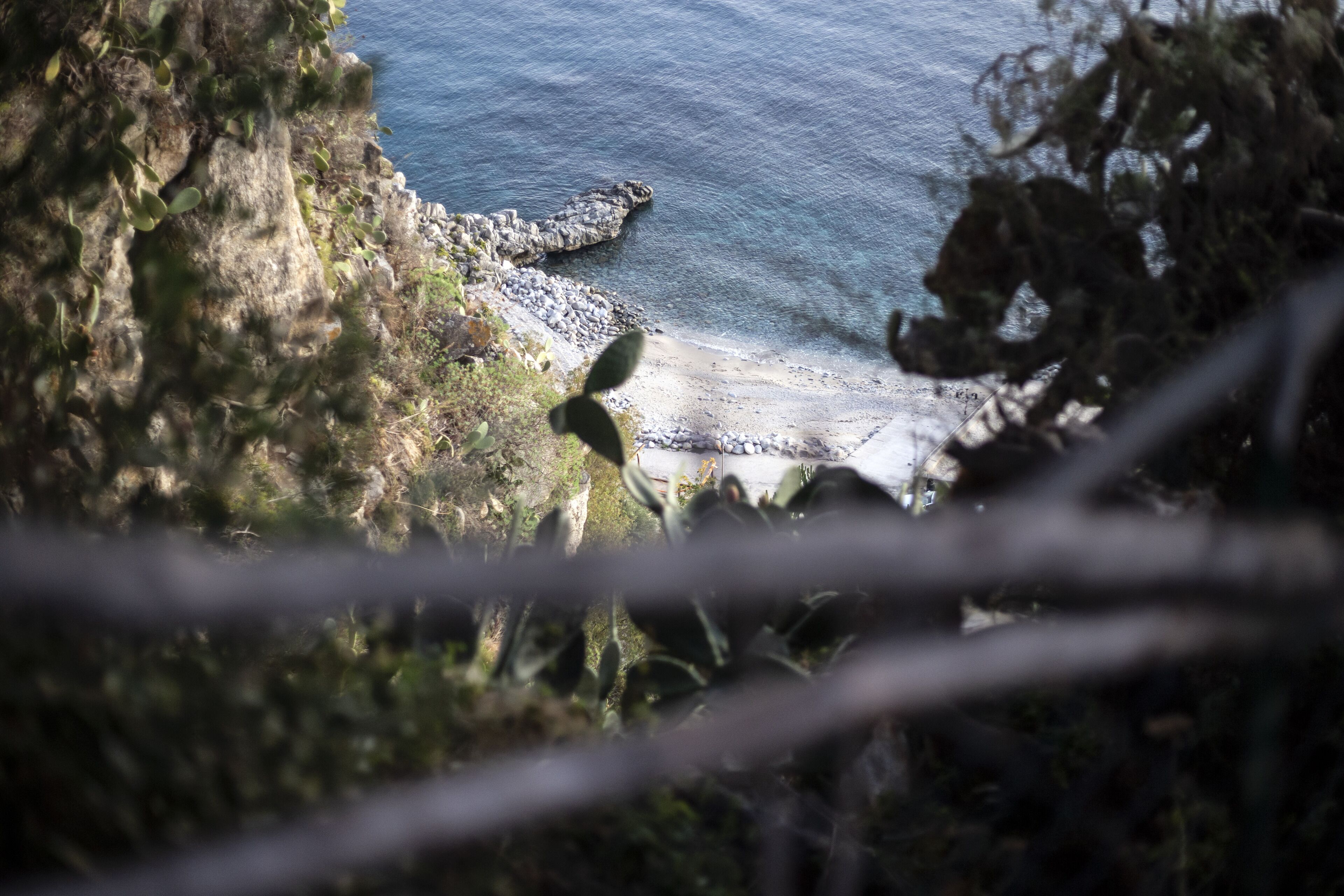 A rocky coastline with a crocodile near the water's edge.