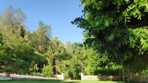 Un sentier qui traverse un jardin bien entretenu, bordé de murs de pierre et d’une végétation luxuriante.