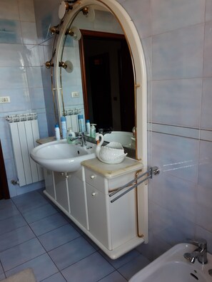 Combined shower/tub, hair dryer, towels, soap