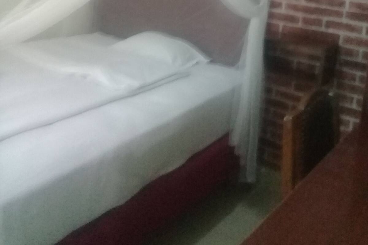 Una cama con colchón blanco y dosel.