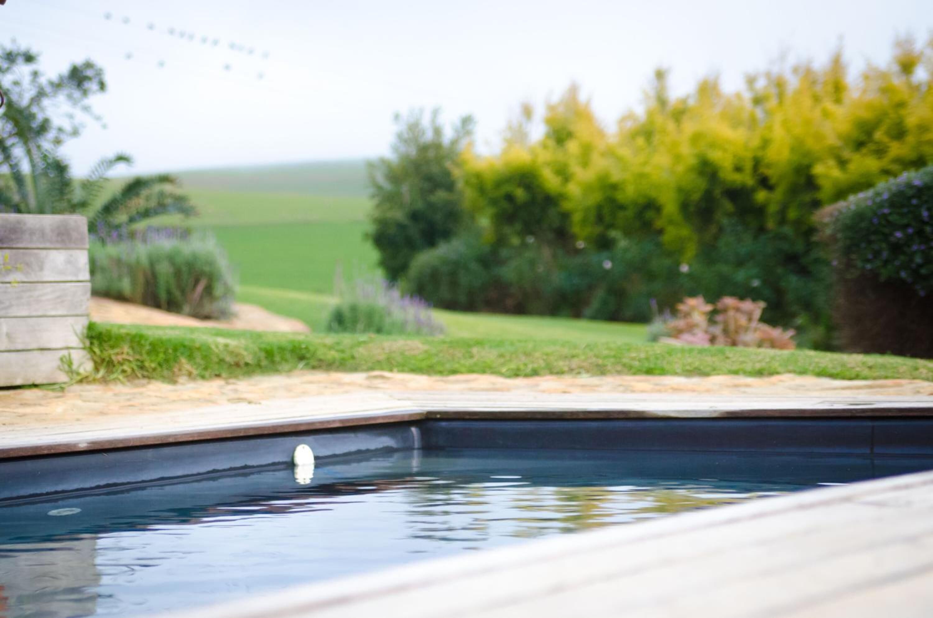 Une piscine offrant une vue dégagée sur le paysage environnant, notamment sur les arbres et une zone herbeuse.
