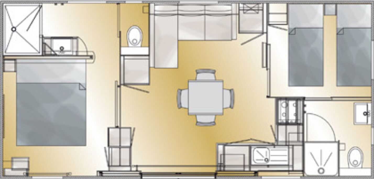 A floor plan of a hotel room with a kitchenette, a dining area, a bathroom, and a large window.