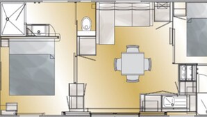 A floor plan of a hotel room with a kitchenette, a dining area, a bathroom, and a large window.