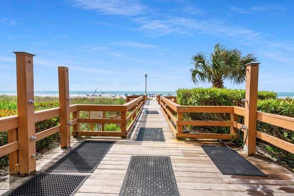 A wooden boardwalk leading to a beach with palm trees and a clear sky.