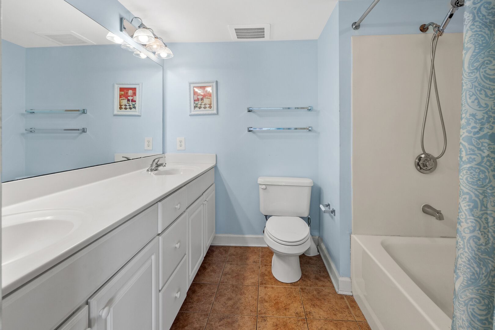 Une salle de bain avec un lavabo blanc, des toilettes et une douche. Deux tableaux encadrés sont accrochés au mur.