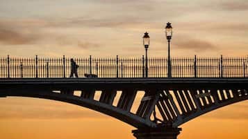 A bridge with a metal railing and two street lamps.