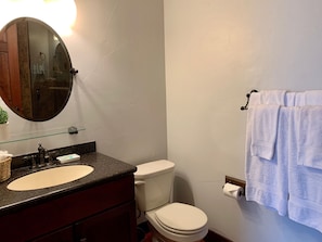 Hair dryer, towels, toilet paper