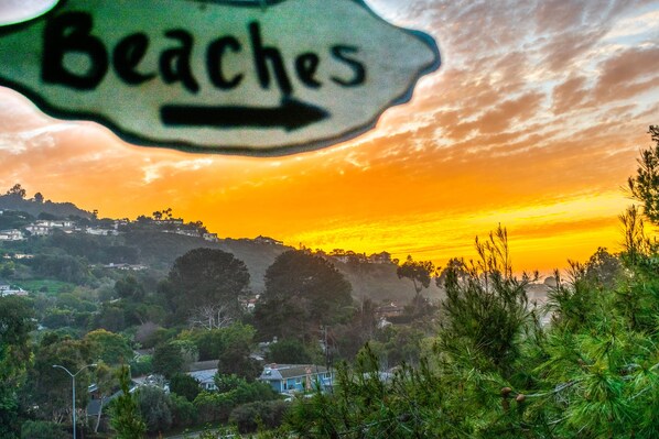 Segnaletica con la scritta 'Beaches' che indica una vista del tramonto su una zona residenziale con case e alberi.