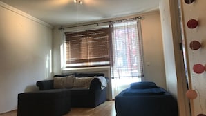 Une pièce comprenant un canapé, un pouf et un lit. Il y a une fenêtre avec des stores et un rideau.