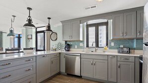 A modern kitchen with grey cabinets, a dishwasher, a sink, and a window with blinds. - Updated condo with amazing oceanfront view. Pool, sundeck, balconies perfect for couples or families (North Myrtle Beach)